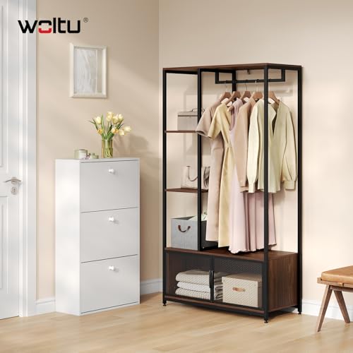 Porte-manteau Woltu avec étagères latérales et placard - Hêtre foncé et métal