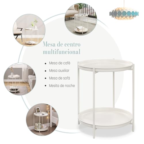 Table d'appoint ronde Woltu avec 2 étagères amovibles - Métal, Crème - Ø44 cm, Hauteur 57 cm