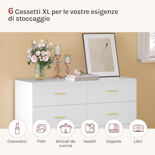 Commode Woltu avec 6 tiroirs Blanc avec pieds en métal doré 100 x 40 x 75 cm