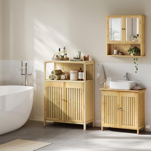 Eugad Armoire de salle de bain avec 2 portes à lamelles et étagères réglables - Couleur bambou 70 x 98 x 32 cm