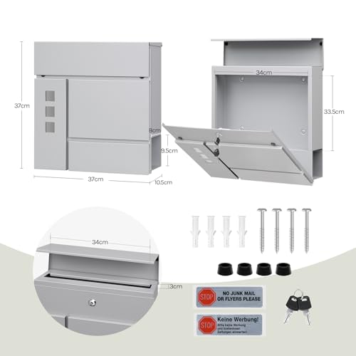 Boîte aux lettres Woltu avec compartiment pour journaux et fenêtres de visualisation Gris 37 x 37 x 10,5 cm