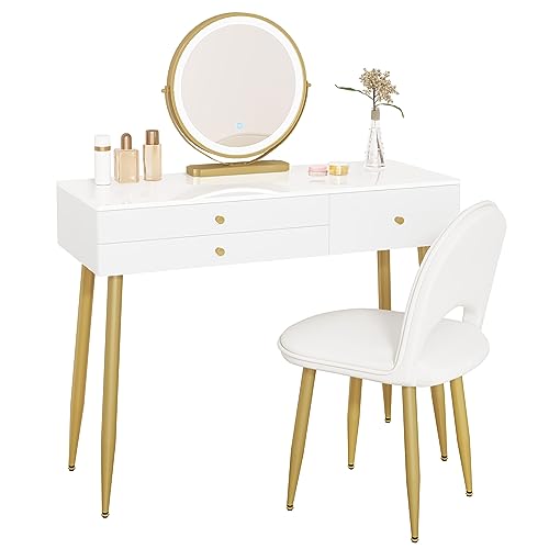 Woltu Make-up Table MB6105ws avec tabouret et miroir LED - Bureau de maquillage en bois avec éclairage réglable, 3 tiroirs, siège en velours avec dossier - blanc, crème et or - 100x40 cm