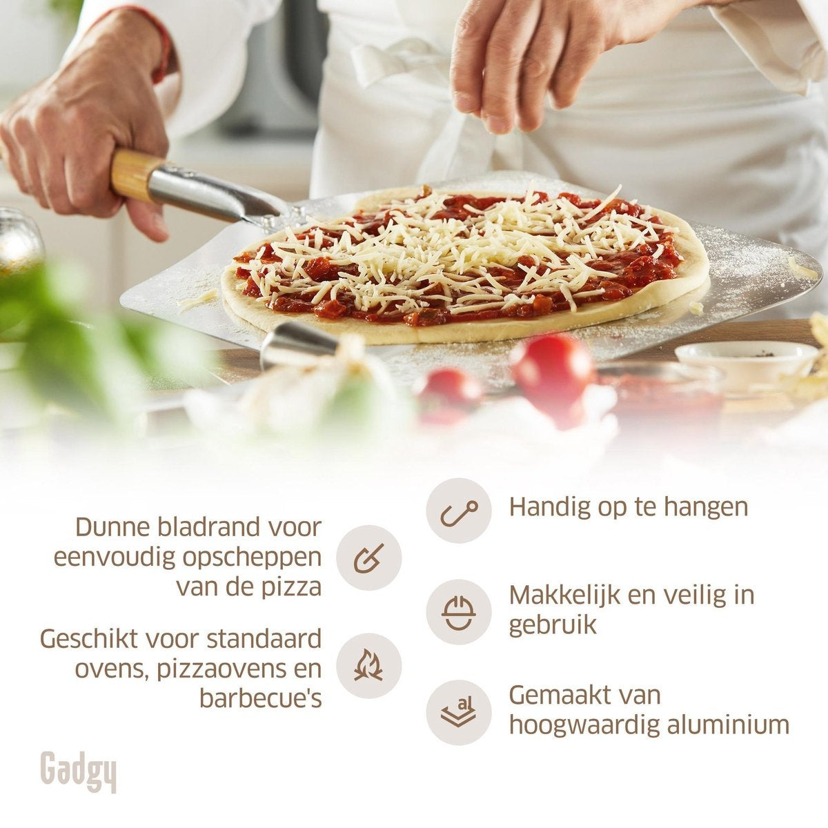 Gadgy Pelle à pizza pour BBQ et four - Spatule à pizza - Cadeau de fête des pères - Long manche en bois - VOphangible - Aluminium