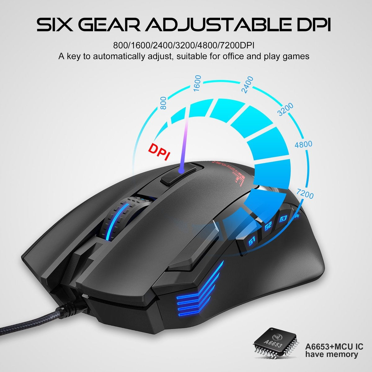 HXSJ S600 Pro Optical Gaming Mouse - Programmable - Lumière RGB - Ergonomique - 7200DPI - Noir