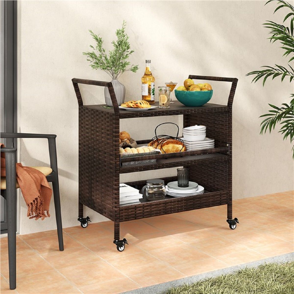 Chariot de bar d'extérieur Coast - 3 étagères - Rotin avec roulettes verrouillables - Marron - 86 x 50 x 89 cm