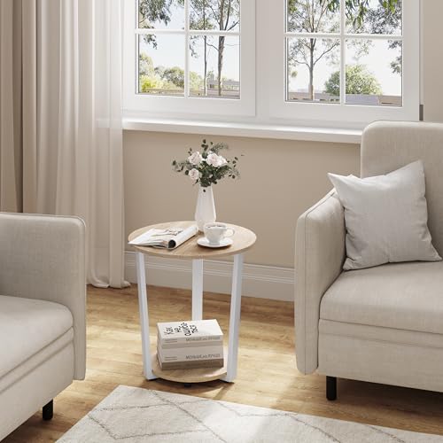 Woltu Round Coffee Table BTS13hei - Light Oak - 50x53x50 cm - With 2 Storage Racks - Stable Metal Frame - Modern and Compact