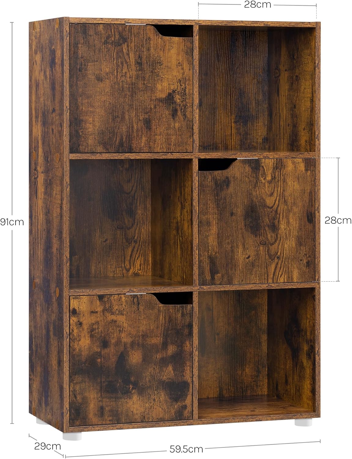 Woltu 6-Drawer Bookcase with Doors - Rustic Brown - 59,6 x 29 x 91 cm - Meuble de rangement avec 6 compartiments pour le salon, le bureau et la chambre à coucher