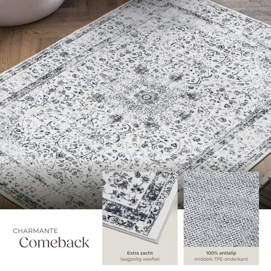 Tapis tectake® au design vintage - Dalia - Tapis à poils courts pour le salon, la chambre d'enfant, la chambre à coucher ou l'entrée - Lavable - Différentes dimensions - 120 x 170 cm - gris