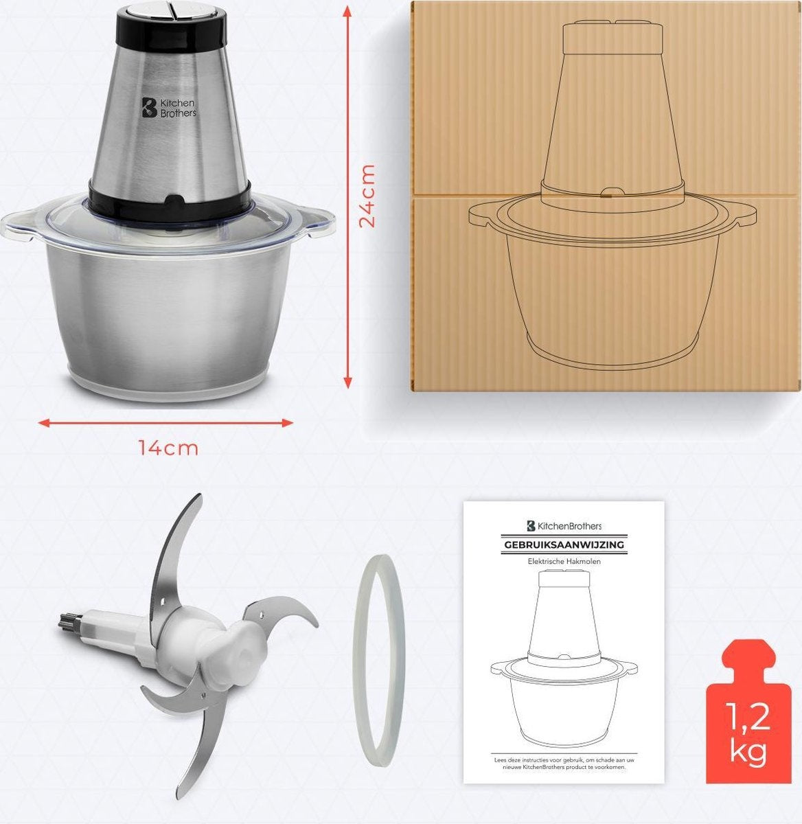 KitchenBrothers Hachoir électrique - 2 vitesses - 300 W - 1.8 L - Bol en acier inoxydable