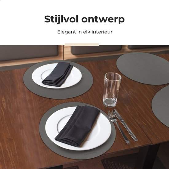 Sets de table Castagnola aspect cuir - Sets de table ronds - Sets de table antidérapants en cuir artificiel - Dessous de verre hydrofuge - Dessous de verre - 6 pièces - Diamètre 38 cm - Gris