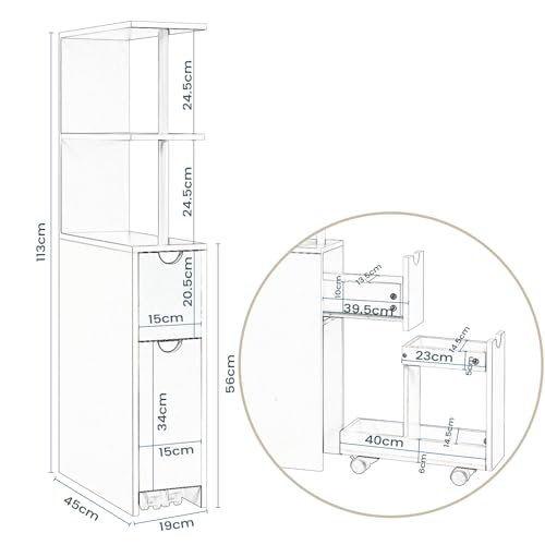 Eugad Meuble de salle de bain étroit avec tiroirs et étagère réglable - MDF blanc - 45 x 19 x 113 cm