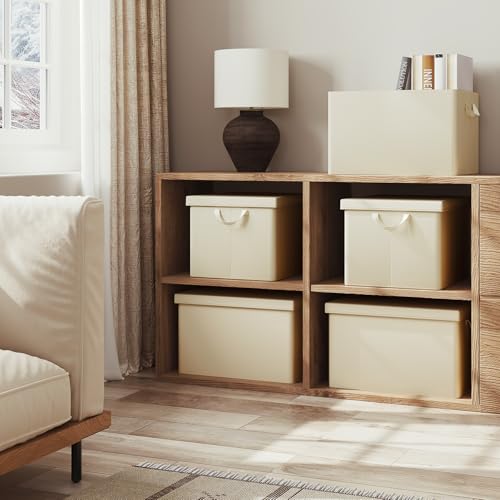 Woltu Boîte de rangement avec couvercle Lot de 5 - Boîte pliable en tissu avec poignées - Crème - 48 x 30 x 36 cm