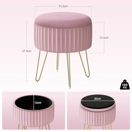 Woltu Pouf avec rangement - Tabouret rond en velours rose clair 31.5x37.5 cm