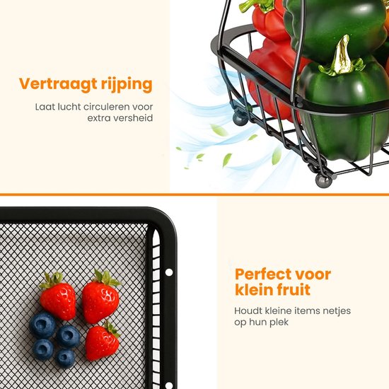 Posity Fruit Bowl 3 Layer - Fruit Basket - Fruit Etagere - Vegetable Basket - Wire Basket - With Banana Holder - Wood & Metal - Black