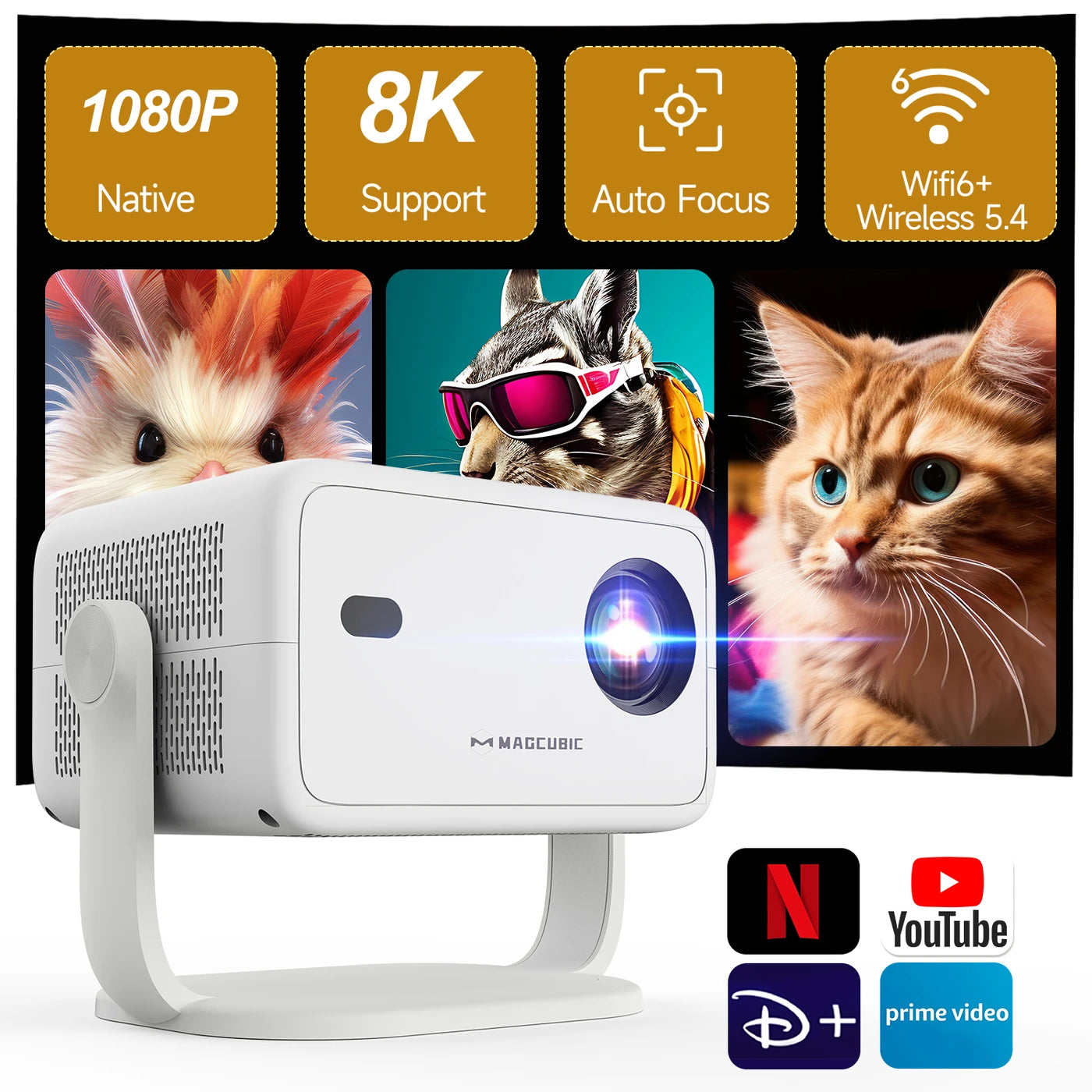 Projecteur intelligent Magcubic L018 4K – Résolution native 1080p – Wi-Fi 6 et Bluetooth 5.4 – 650 ANSI – Mise au point automatique et correction automatique de la distorsion trapézoïdale – 224 x 151 x 173 mm