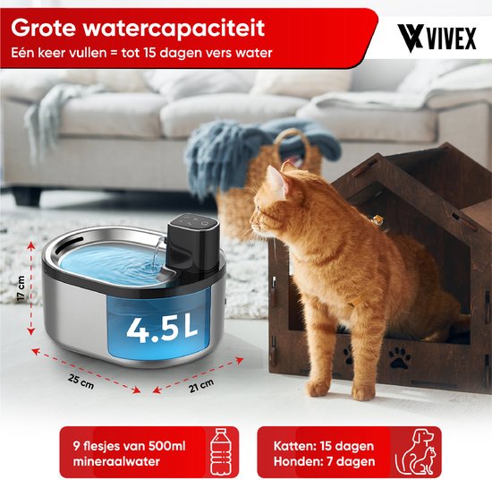 Vivex® Wireless Drinking Fountain - Acier inoxydable - 4,5 litres - Fontaine à eau pour chats et chiens - Avec capteur et batterie - 12 filtres et outil de nettoyage inclus - Silencieux - Filtres supplémentaires