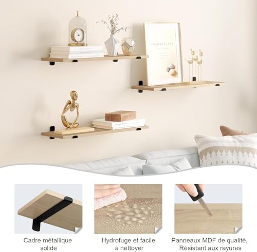 Eugad Set de 3 étagères murales flottantes de style rétro - Noir et bois clair - 60 x 20 x 7 cm