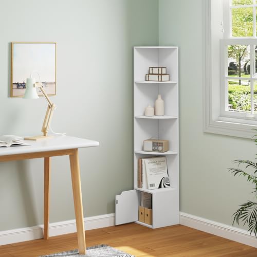 Woltu Bibliothèque d'angle avec 5 étagères et porte de placard - Bois blanc - 29,5 x 29,5 x 158 cm