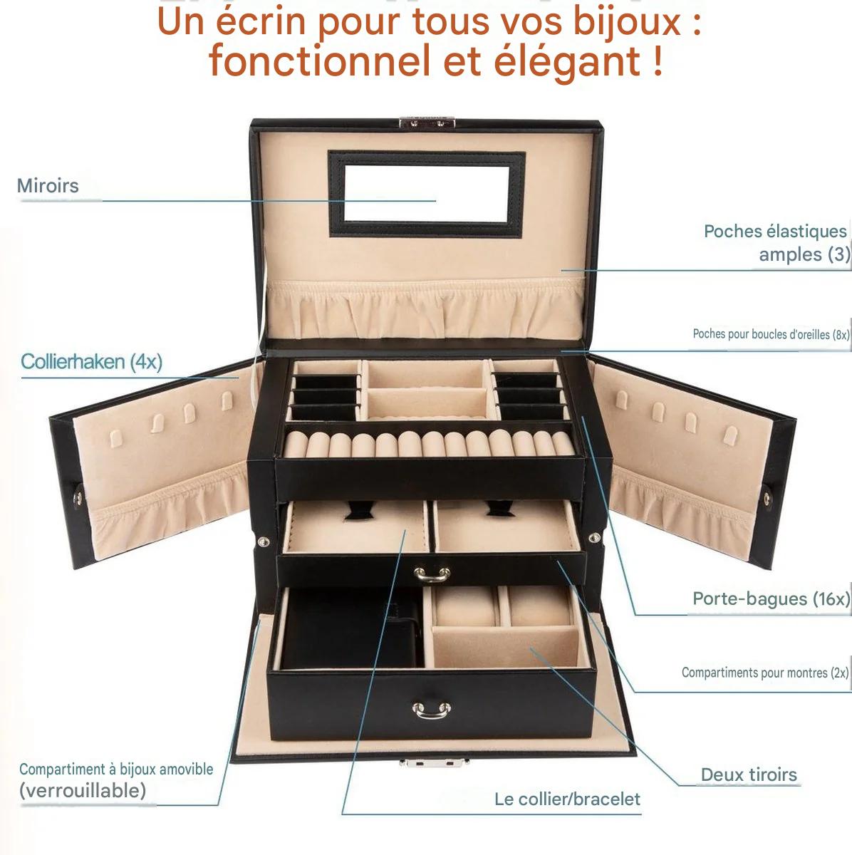LifeGoods Boîte à bijoux XL - Boîte à bijoux - 20 compartiments - Noir/Beige