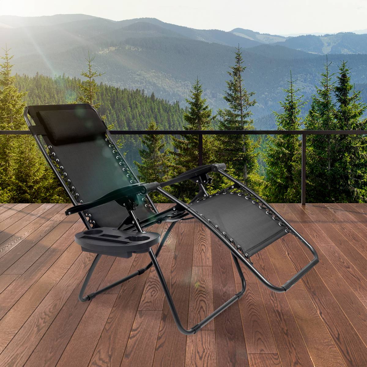 Chaise longue pliable LifeGoods 162 x 64 x 110 cm - Réglable - Porte-gobelet/porte-téléphone - Noir