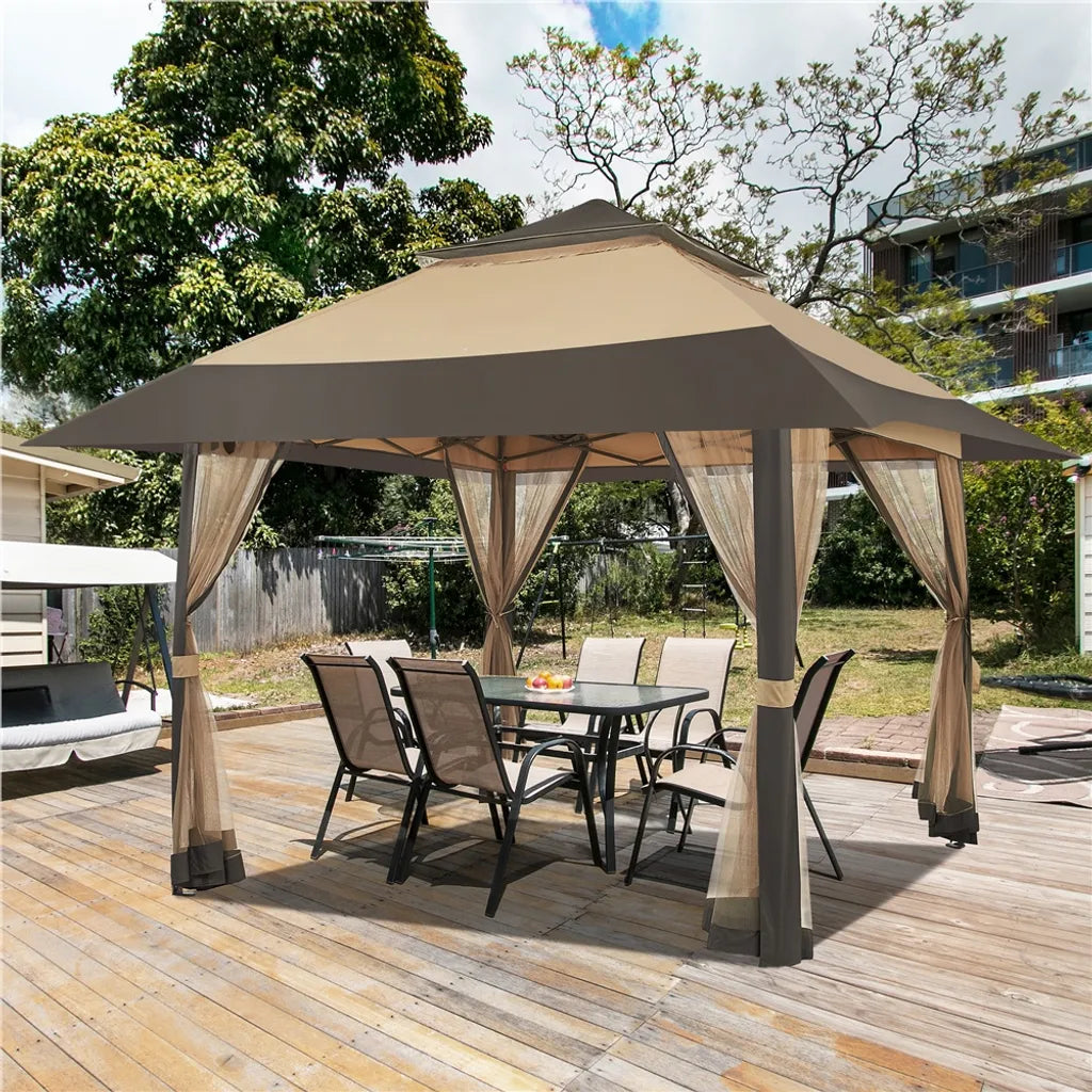 Yaheetech Party Tent - 4 x 4 m - pliable - pavillon de jardin - parois en filet - réglable - 271-291 cm - kaki/brun