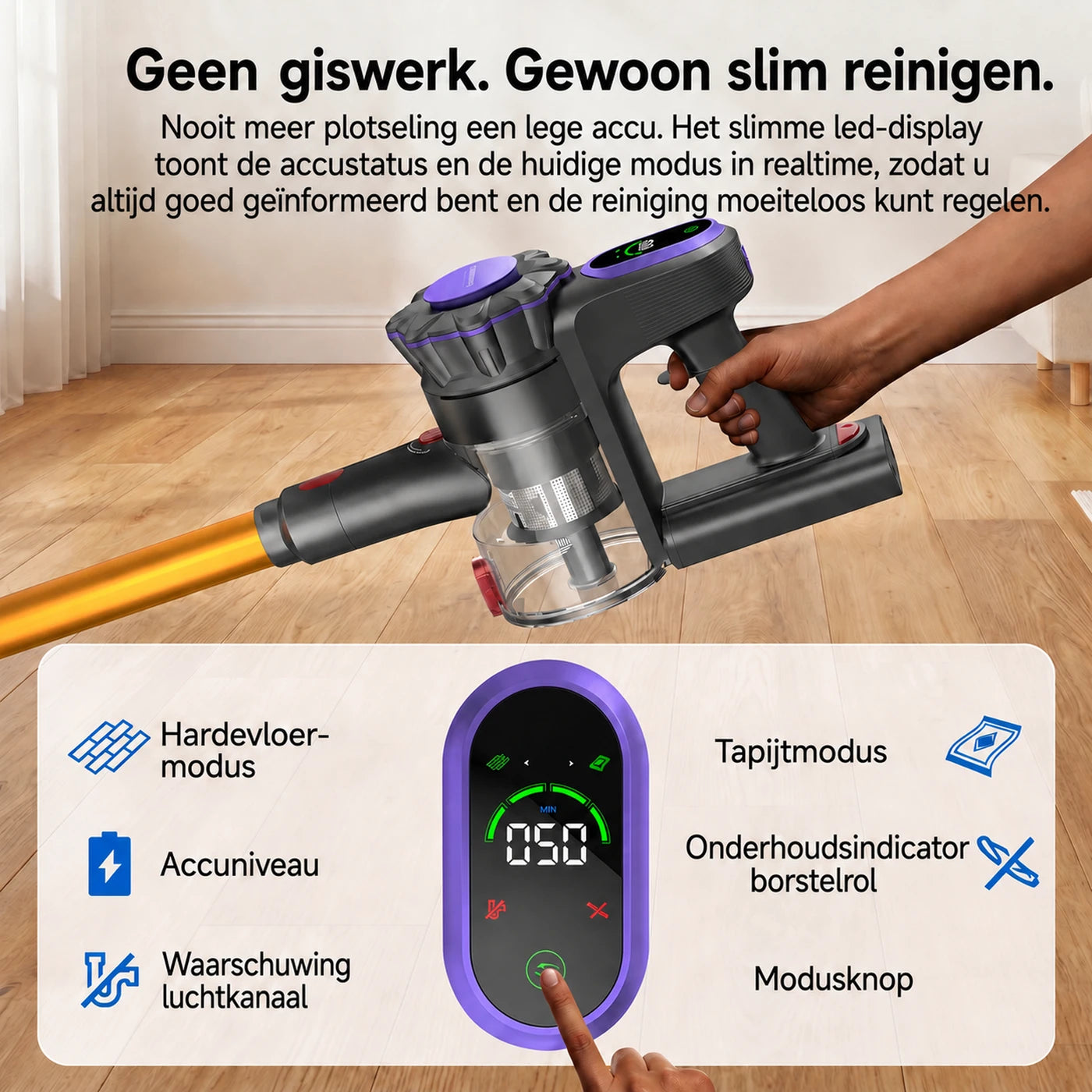 Aspirateur balai sans fil Monsga ME03 - 550 W - 55 kPa - Autonomie de 55 min - 1,2 kg - Brosse anti-enchevêtrement - Batterie amovible - Voyant lumineux vert