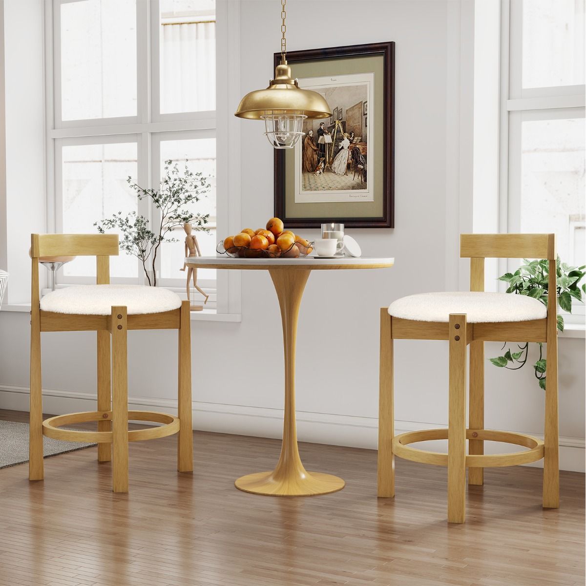 Ensemble de 2 tabourets de bar Coast - avec dossier et repose-pieds - assise en velours teddy - hauteur d'assise 62 cm - couleur naturelle et beige