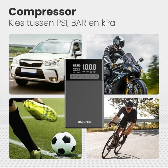 Auronic Jumpstarter - avec compresseur - 12V - 1500A - 16,000 mAh - Aide au démarrage 6-en-1 - Sac de rangement et accessoires inclus - Noir/Gris