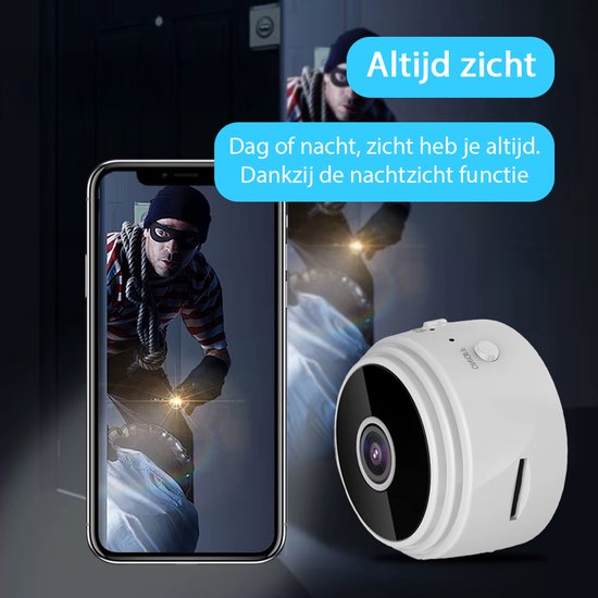 Tech Essentials® Mini caméra espion - 1080P/Full HD - Avec APP WiFi - Vision nocturne - Détection de mouvement - Caméra vidéo cachée compacte - Petite caméra d'intérieur - Espion - Sans fil - Animaux - Intelligente - Blanc