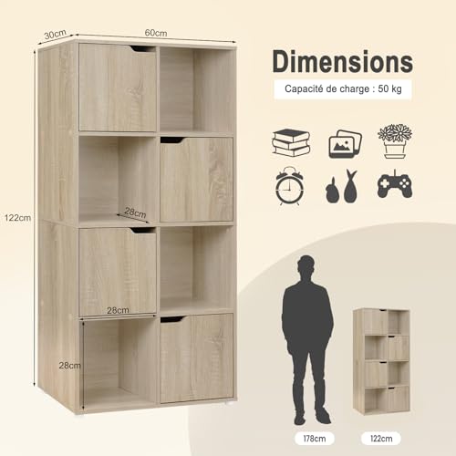 Woltu Bookcase SK039hei - Meuble de rangement avec 8 compartiments et 4 portes - Panneau de particules chêne clair - 60x30x120 cm