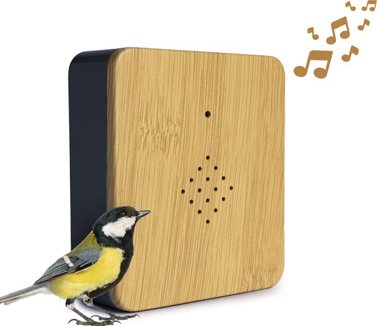 QLT Birdhouse with Nature Sounds - Boîte à sons pour oiseaux - Fonctionne sur piles - Détecteur de mouvement automatique - Volume réglable - Bois/Gris