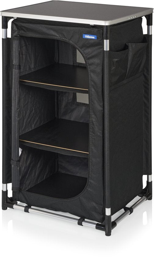 Armoire de camping pliable Tristar – Structure en aluminium – 3 étagères – Pieds réglables – Poches latérales – Sac de transport inclus – Noir - CU-0809