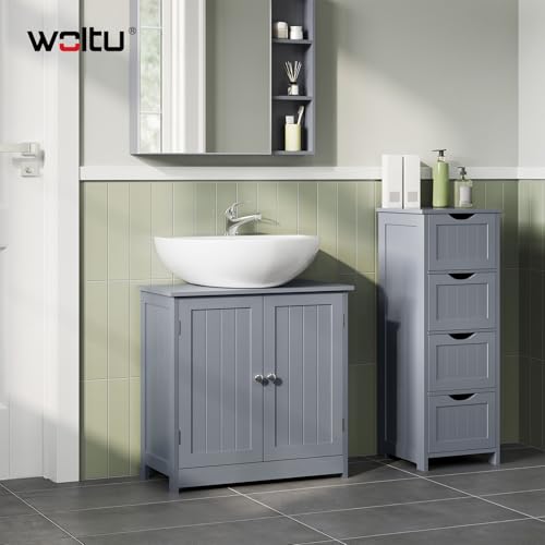 Woltu Meuble de salle de bain BZS02gr - Gris MDF - 60x60x30 cm - Rangement spacieux avec étagère réglable