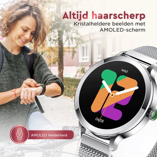 Golden Sound AMOLED Smartwatch Ladies - 3 bracelets supplémentaires - Convient à tout ordinateur portable et smartphone - Podomètre - Moniteur de sommeil - Moniteur de saturation - 40mm - Silver