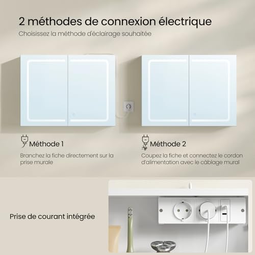 Armoire de toilette Eugad avec miroir LED et lumière tactile - Blanc - 80 x 14,5 x 60 cm
