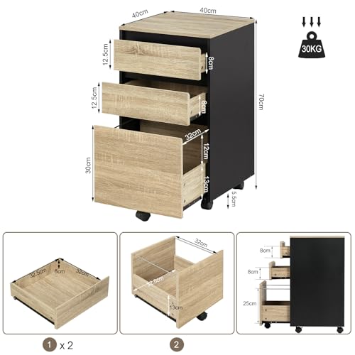 Commode mobile Woltu avec 3 tiroirs - Chêne clair noir - 40 x 71,5 x 40 cm