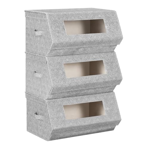 Woltu Boîtes de rangement empilables avec couvercle Gris et Beige 50x25x35 cm Lot de 3