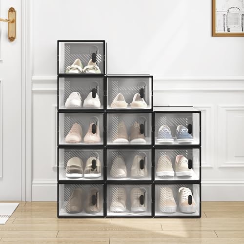 Woltu Lot de 12 boîtes de rangement à chaussures transparentes empilables avec façade - 35 x 25 x 19 cm