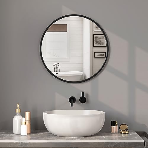 Woltu Miroir mural rond Ø60 cm Cadre métal noir