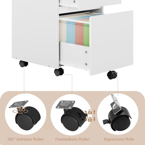 Woltu Rolling Drawer Cabinet ASK11ws - Conteneur de bureau mobile avec 2 tiroirs - Blanc - 40 x 56 x 40 cm