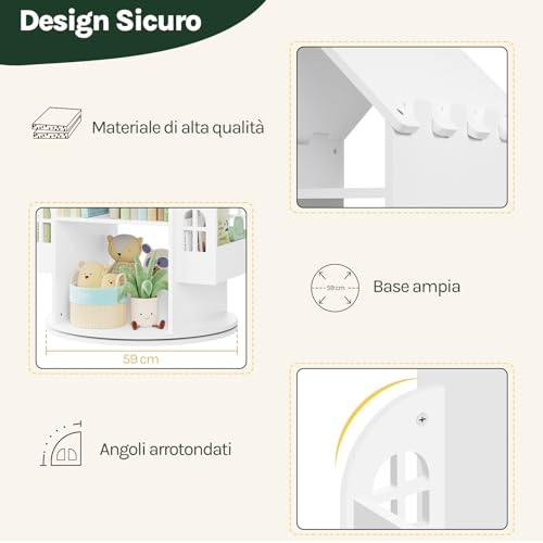 Woltu Bibliothèque pour enfants blanche à 4 niveaux avec 2 étagères de rangement latérales Forme de la maison 63 x 59 x 125 cm