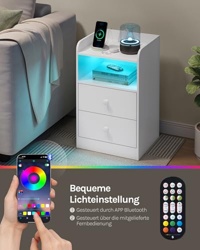 Woltu Table de chevet avec éclairage LED et prise Blanc 40 x 35 x 64 cm