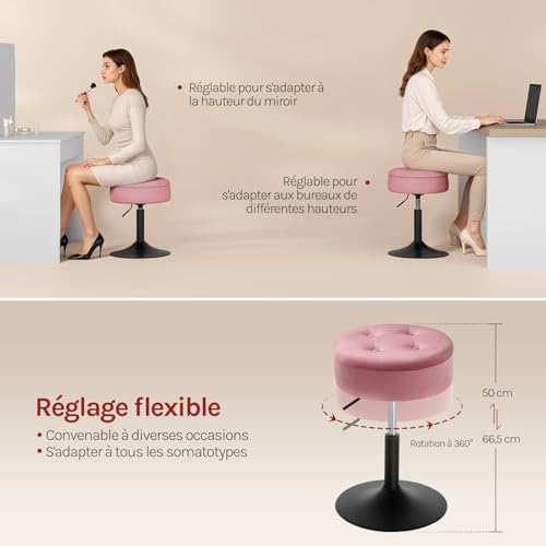 Woltu Tabouret de maquillage avec rangement - Tabouret de bar réglable 50-66.5 cm - Assise ronde - Rose velours