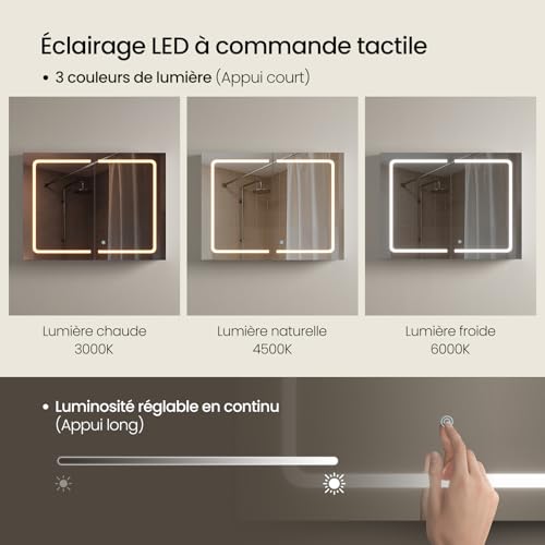 Armoire de toilette Eugad avec miroir LED et lumière tactile - Blanc - 80 x 14,5 x 60 cm