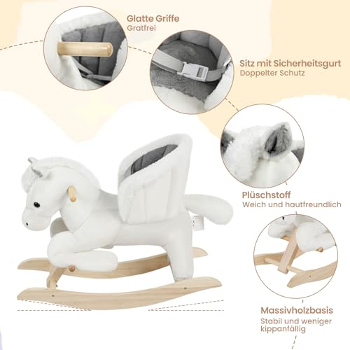 Cheval à bascule Woltu avec son et sangle de sécurité - blanc et gris - rembourrage en peluche