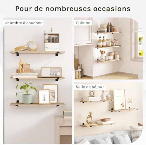 Eugad Set de 3 étagères murales flottantes de style rétro - Noir et bois clair - 60 x 20 x 7 cm