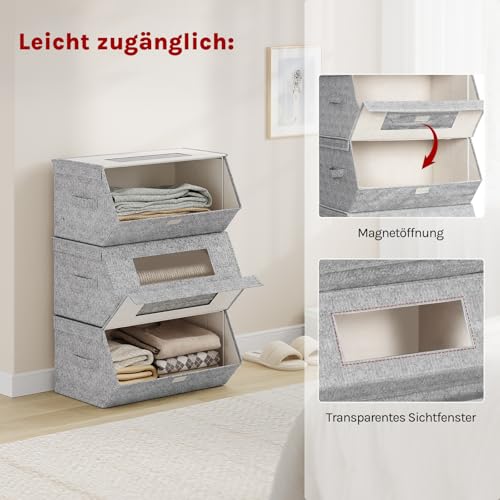Woltu Boîtes de rangement empilables avec couvercle Gris et Beige 50x25x35 cm Lot de 3