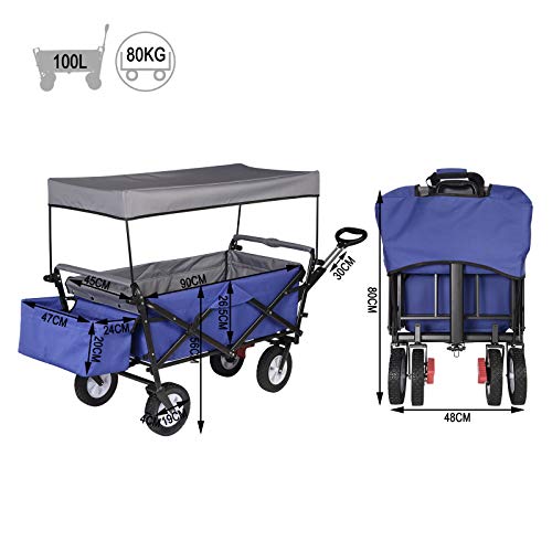 Chariot de transport Woltu pliable - châssis robuste en acier bleu - capacité de 80 kg, avec frein et pare-soleil amovible - 4 roues pivotantes 100x50x90 cm