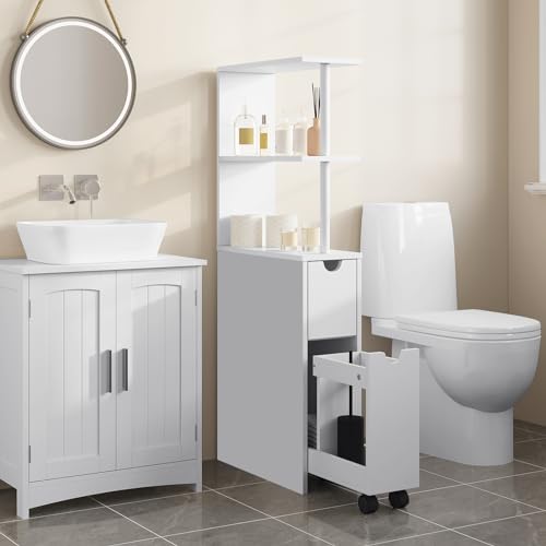 Eugad Meuble de salle de bain étroit avec tiroirs et étagère réglable - MDF blanc - 45 x 19 x 113 cm