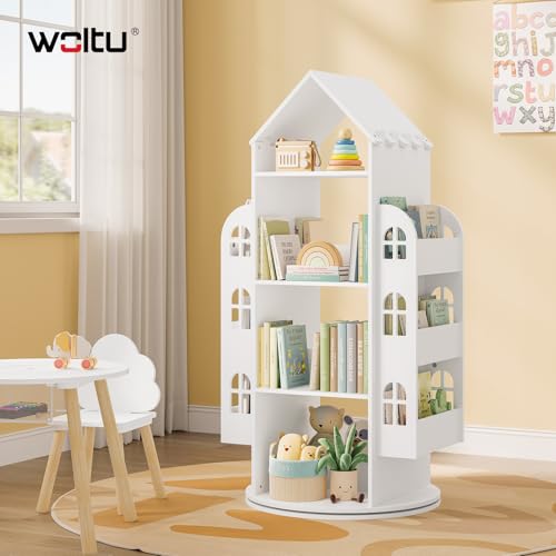 Woltu Bibliothèque pour enfants blanche à 4 niveaux avec 2 étagères de rangement latérales Forme de la maison 63 x 59 x 125 cm